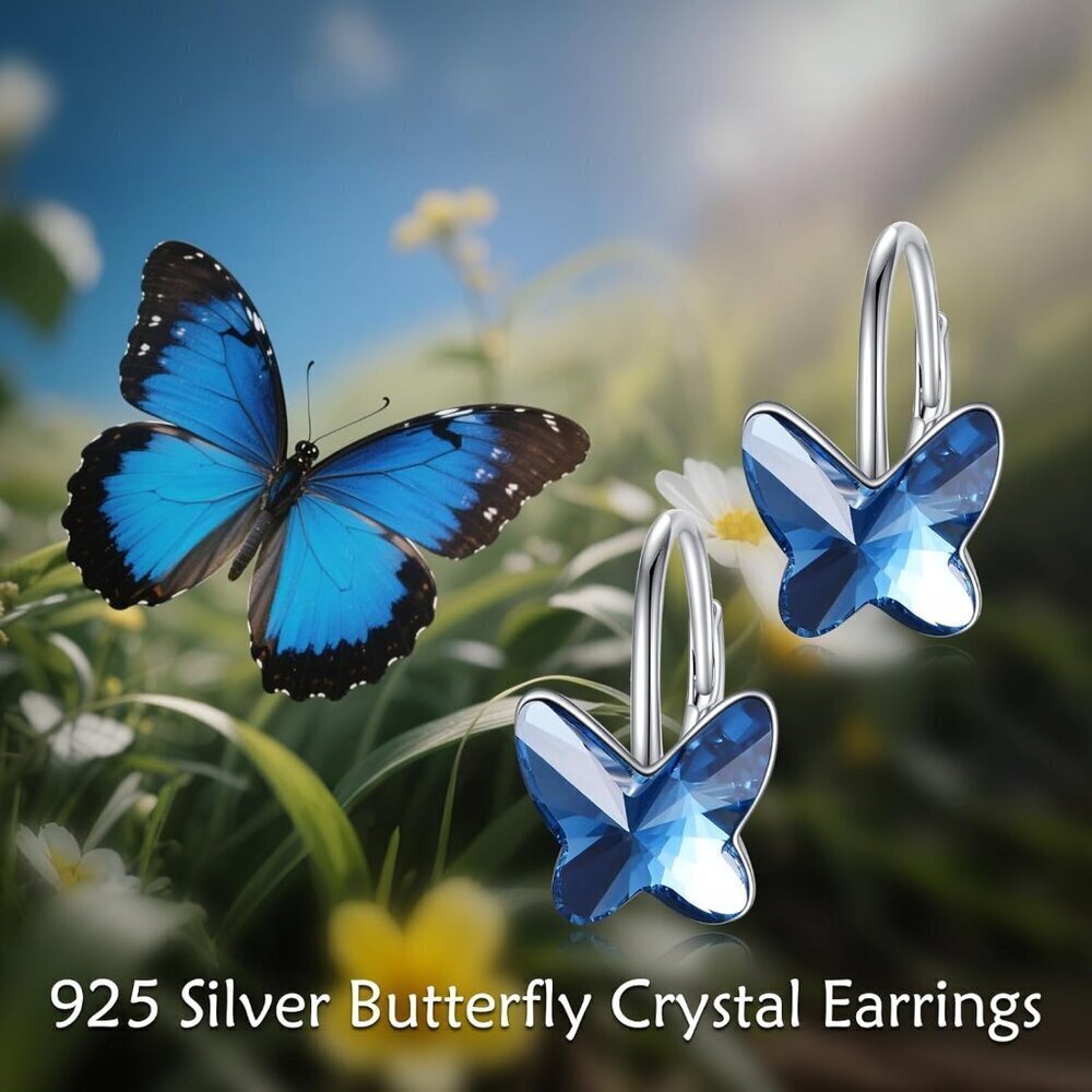 Women's Sterling Butterfly Blue Dangle Hoop Leverback Comfortable Earring
